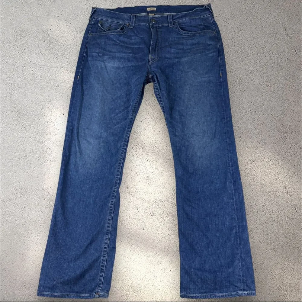 True Religion Jeans 42x32 Blue Ricky Relaxed Straight Dark Denim Flap Pocket Vtg